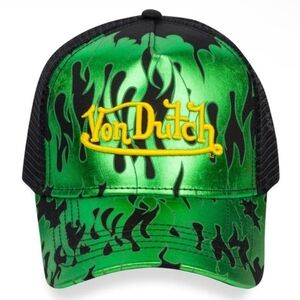 Von Dutch CITY OF ANGELS GREEN Flames Embroidered TRUCKER Hat Brand New